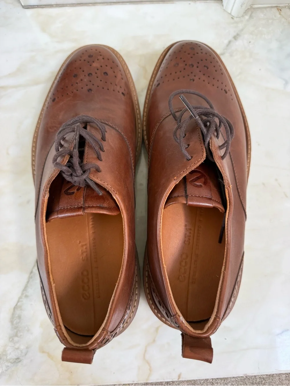 Ecco Cognac Brown Leather Perforated Derby Shoes